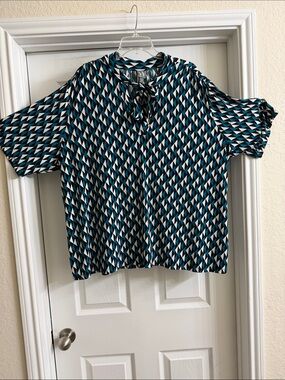 Worthington Teal Black White Geometric Tie-Neck Blouse